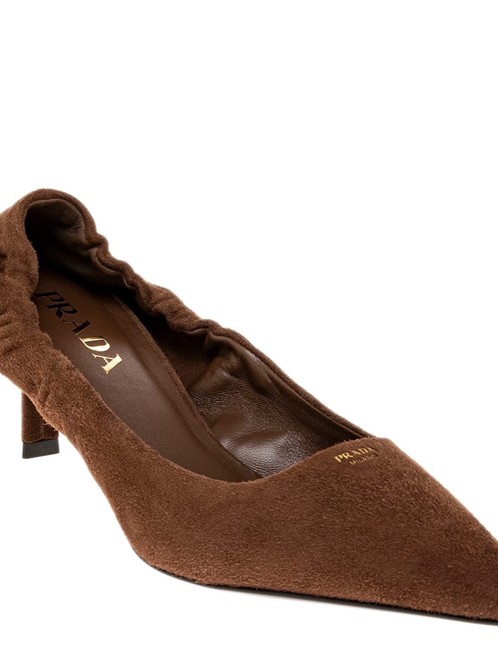 Prada Brown Suede Pointed Kitten Heel Pump with Gold Logo